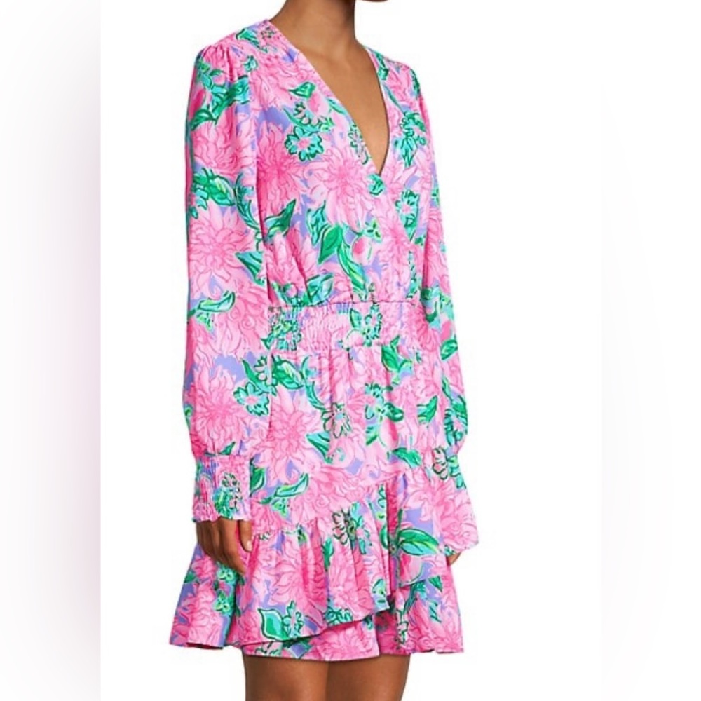 Lilly Pulitzer Pink & Green Floral Wrap-Style Mini Dress